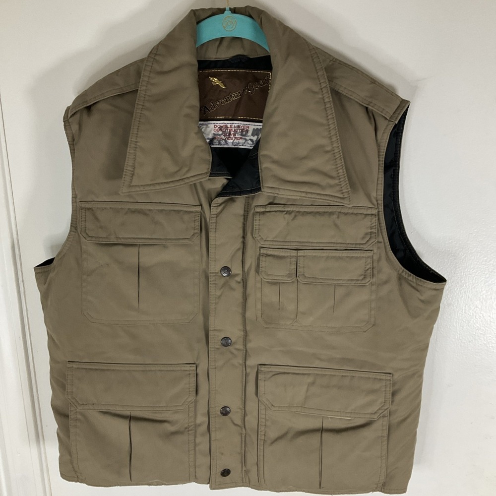 Vintage 80s Adventure Gear Down Vest Jacket Tan Brown Hunting Safari Size Large